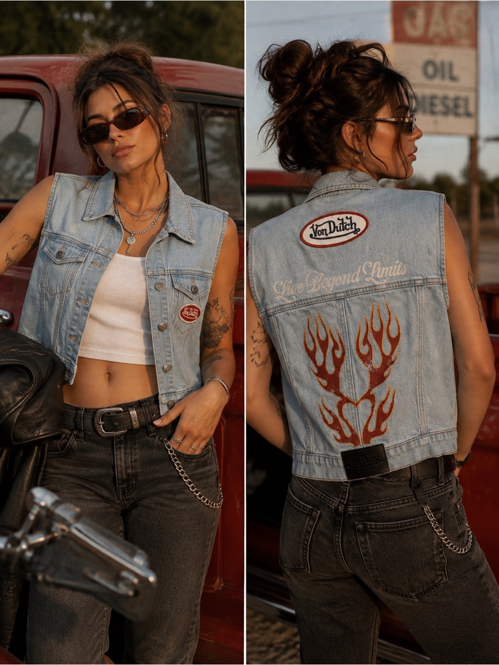 NWT Von Dutch Originals Y2K Flame Denim Vest M Cropped Light Wash Moto